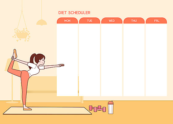 전신 PSD 여자 일러스트 요가 실내 한명 성인 운동복 주황색 아령 요가자세 매트 계획표 물병 스케줄러 성인여자한명만 홈트레이닝 국내일러스트 1 웰빙 옷 컬러 포즈 사람 내부 운동 계획 물통 여자한명만 성인여자만 파일형식