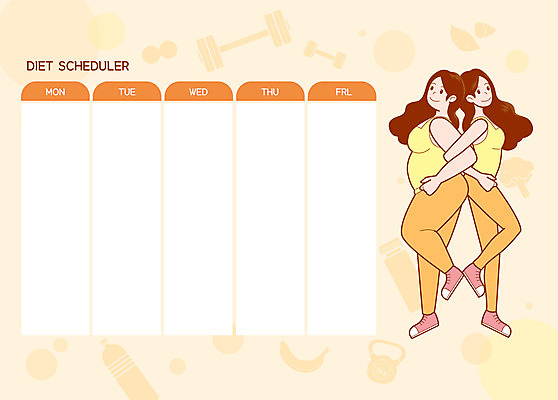 전신 PSD 여자 음식 다이어트 일러스트 성인 두명 운동복 운동 팔짱 주황색 아령 역기 계획표 비만 날씬함 스케줄러 케틀벨 전후 성인여자만 국내일러스트 옷 컬러 모션 건강 사람 비교 계획 몸매 여자만 성인만 파일형식