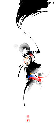 PSD 남자 일러스트 캘리그라피 붓터치 한명 미소 상반신 성인 전통놀이 풍물놀이 동양화 번짐 낙관 상모 농악꾼 상모돌리기 성인남자한명만 국내일러스트 1 전통 놀이 표정 국악 미술 사람 남자한명만 성인남자만 파일형식 효과