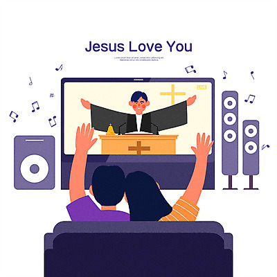 PSD 부부 여자 남자 십자가 음표 일러스트 팔벌리기 상반신 성인 세명 소파 손들기 보라색 텔레비전 스피커 목사 강대상 성인만 온라인예배 국내일러스트 기호 커플 음악 컬러 음향기기 의자 모션 사람 전자제품 성직자 예배 단상 파일형식 언택트