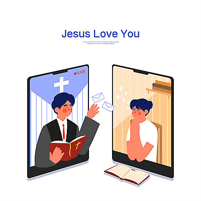 PSD 여자 남자 십자가 일러스트 모바일 들기 상반신 성인 두명 태블릿 눈감음 성경 기도 목사 편지 성인만 온라인예배 국내일러스트 종교용품 모션 사람 전자제품 스마트기기 성직자 예배 파일형식 언택트