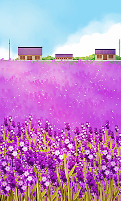 PSD 꽃밭 일러스트 하늘 주택 풍경 사람없음 보라색 감성 라벤더 국내일러스트 꽃 컬러 컨셉 건물 허브 파일형식