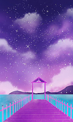 PSD 구름 별 호수 일러스트 밤하늘 산 풍경 사람없음 보라색 감성 나무다리 나무울타리 몽환 국내일러스트 자연요소 컬러 컨셉 하늘 울타리 다리_건축물 야간 파일형식