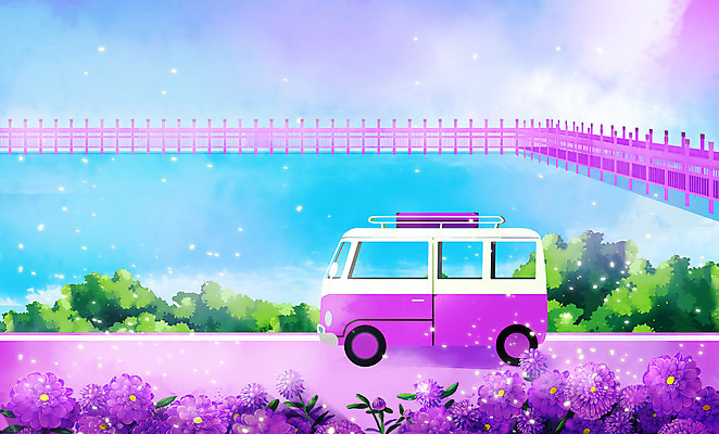 PSD 꽃 도로 호수 일러스트 풍경 사람없음 보라색 풀 감성 캠핑카 가교 국내일러스트 식물 건축물 길 컬러 컨셉 교통시설 자동차 파일형식