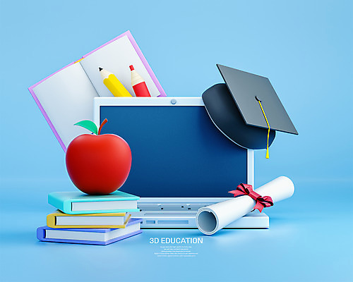 PSD 편집 편집이미지 교육 학사모 사람없음 책 파란색 노트북 연필 3D 사과 졸업장 디지털합성 빨간펜 에듀 에듀케이션 책더미 편집소스 편집3D 모자_잡화 컬러 과일 졸업 학용품 전자제품 필기구 펜 무더기 파일형식