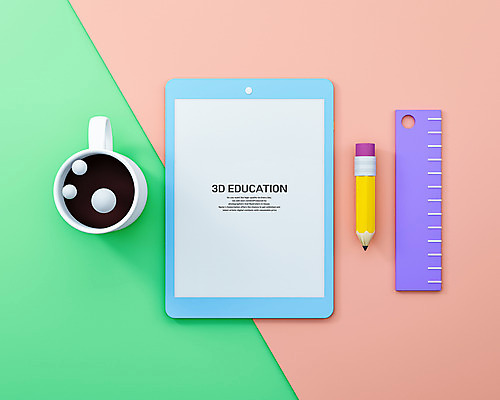 PSD 편집 편집이미지 교육 커피 분홍색 프레임 자 사람없음 컵 태블릿 연필 3D 디지털합성 에듀 에듀케이션 편집소스 편집3D 식기 음료 컬러 문구용품 학용품 전자제품 스마트기기 필기구 파일형식