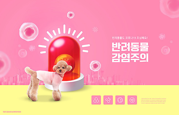 PSD 편집이미지 한마리 반려견 분홍색 세포 경고 타이포그라피 사람없음 푸들 감염 반려 사이렌 코로나바이러스 델타변이바이러스 이미지편집 문자 1 컬러 반려동물 바이러스 개 파일형식