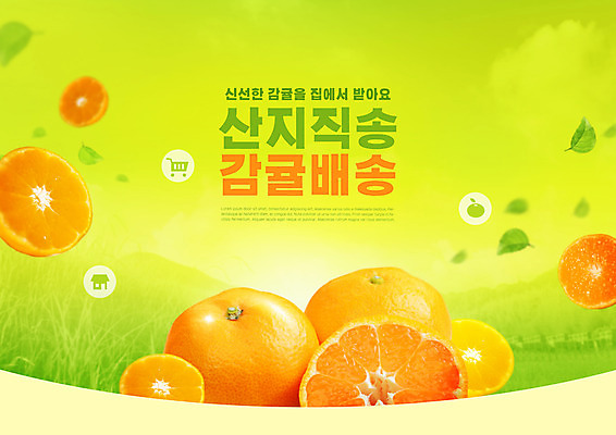 PSD 편집이미지 단면 나뭇잎 귤 타이포그라피 사람없음 초록색 여러개 신선 배송 슬라이스 산지직송 로컬푸드 이미지편집 문자 컬러 다수 잎 과일 농산물 파일형식 직송