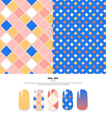 분홍색 백그라운드 패턴 일러스트 사람없음 파란색 네일아트 손톱 타일 체크무늬 네일아트모형 국내일러스트 AI파일 손 컬러 무늬 뷰티 모형 파일형식 벡터