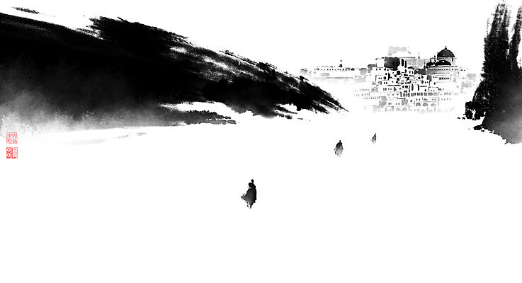 PSD 일러스트 중동 캘리그라피 붓터치 바위산 주택 풍경 사람없음 마을 황무지 동양화 번짐 낙관 왕궁 고행 순례 순례자 국내일러스트 나라 미술 건물 궁전 돌산 파일형식 효과