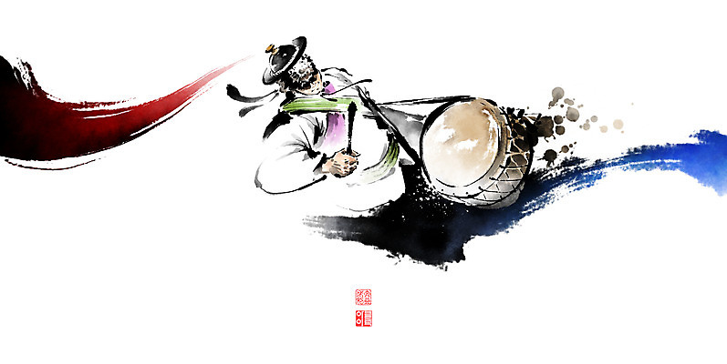 PSD 남자 일러스트 캘리그라피 붓터치 국악기 한명 들기 상반신 성인 도장 전통놀이 한복 풍물놀이 동양화 북 번짐 낙관 상모 성인남자한명만 국내일러스트 1 한국전통 전통 악기 모션 놀이 타악기 국악 미술 사람 전통의상 남자한명만 성인남자만 파일형식 효과