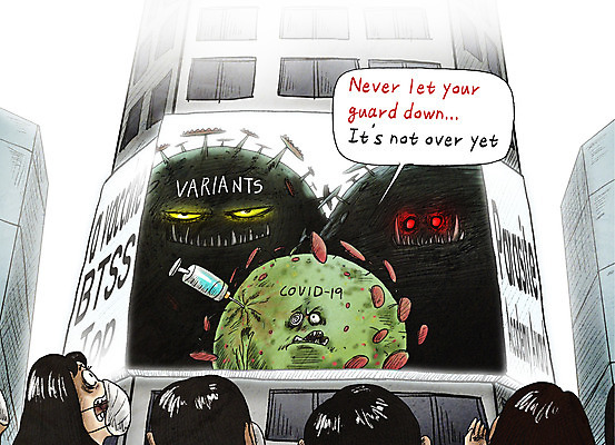 PSD 여자 남자 말풍선 일러스트 주사기 경고 마스크 빌딩 여러명 성인 건물 머리 놀람 위험 사회이슈 위협 공포 전광판 몬스터 백신 신종바이러스 성인만 코로나바이러스 팬데믹 변이 델타변이바이러스 국내일러스트 건축물 감정 다수 컨셉 의학 의료기기 표정 사람 신체부위 바이러스 파일형식