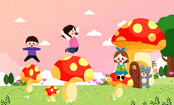 전신 PSD 한마리 여자 남자 어린이 분홍색 동물캐릭터 일러스트 상상일러스트 들기 앉기 소녀 소년 책 세명 독서 점프 고양이 버섯 만세 즐거움 어린이상상 버섯집 반려 어린이만 동심 국내일러스트 일러캐릭터 동물 캐릭터 1 감정 컬러 포유류 모션 상상 주택 사람 반려동물 파일형식