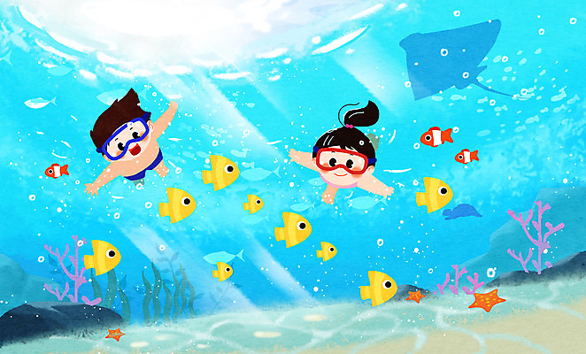 전신 PSD 여자 남자 어린이 바다 하늘색 일러스트 상상일러스트 어류 소녀 소년 두명 바닷속 수영 산호 물안경 어린이상상 가오리 어린이만 동심 국내일러스트 상상 사람 파란색 수중 수중동물 수상스포츠 자포동물 수영용품 파일형식