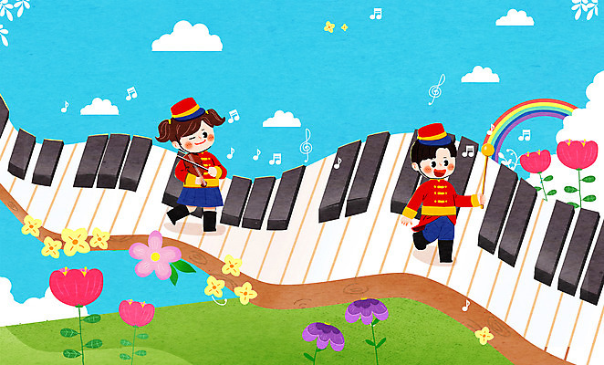 전신 PSD 구름 여자 남자 꽃 어린이 무지개 연주 일러스트 상상일러스트 소녀 소년 두명 걷기 악단 피아노건반 어린이상상 어린이만 동심 국내일러스트 자연요소 식물 음악 모션 상상 사람 건반 피아노 파일형식