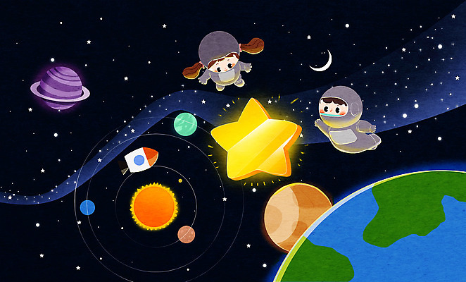 전신 PSD 여자 남자 별 지구 어린이 일러스트 상상일러스트 소녀 소년 두명 태양 우주 로켓 비행 어린이상상 우주복 태양계 토성 목성 우주탐험 어린이만 동심 국내일러스트 자연요소 옷 상상 사람 행성 파일형식