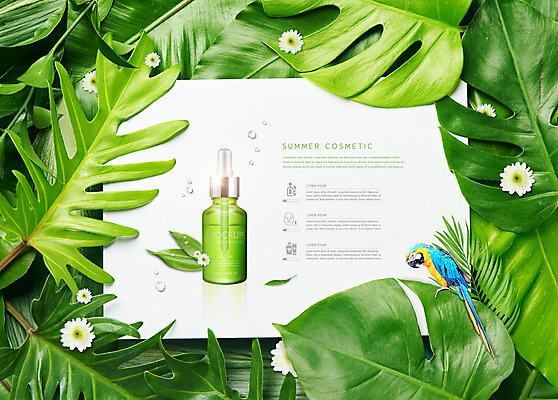 PSD 편집이미지 한마리 꽃 나뭇잎 사람없음 초록색 빛 화장품 물방울 피부관리 앵무새 스킨케어 앰플 이미지편집 식물 1 컬러 잎 조류 뷰티 파일형식