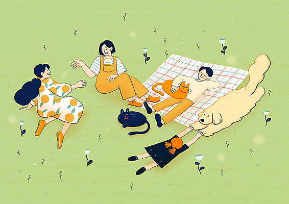 전신 PSD 여자 남자 어린이 일러스트 휴식 세마리 대화 앉기 소녀 잔디 여러명 성인 눕기 소풍 고양이 강아지 돗자리 낮잠 놀기 반려 국내일러스트 식물 다수 컨셉 포유류 모션 3 말하기 사람 반려동물 야외활동 잠 개 파일형식