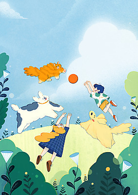 전신 PSD 여자 남자 꽃 어린이 일러스트 공 하늘 휴가 휴식 세마리 소녀 소년 초원 두명 소풍 손들기 점프 고양이 강아지 즐거움 공놀이 풀숲 반려 어린이만 국내일러스트 식물 감정 컨셉 포유류 모션 놀이 3 사람 반려동물 야외활동 개 숲 파일형식