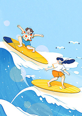 전신 PSD 여자 남자 파도 바다 여행 일러스트 갈매기 팔벌리기 휴가 휴식 성인 두명 파란색 서핑보드 서핑 즐거움 성인만 국내일러스트 감정 컬러 컨셉 모션 조류 사람 수상스포츠 보드_스포츠 파일형식