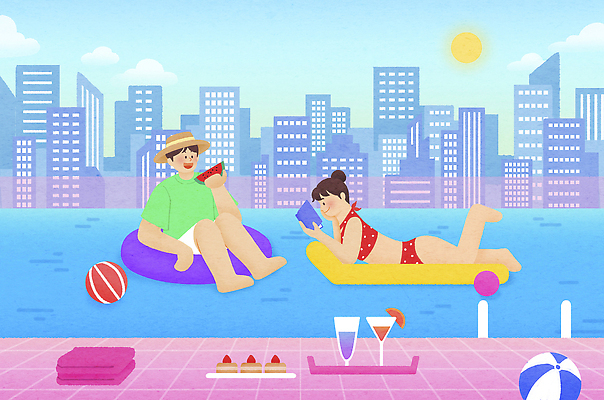 전신 PSD 커플 여자 남자 여유 일러스트 휴가 수영장 들기 앉기 빌딩 성인 두명 여름 눕기 독서 태양 비치볼 칵테일잔 힐링 비치베드 튜브 수박조각 성인만 스테이케이션 국내일러스트 자연요소 라이프스타일 계절 감정 조각 술잔 공 관계 모션 수박 바캉스용품 사람 건물 신조어 파일형식