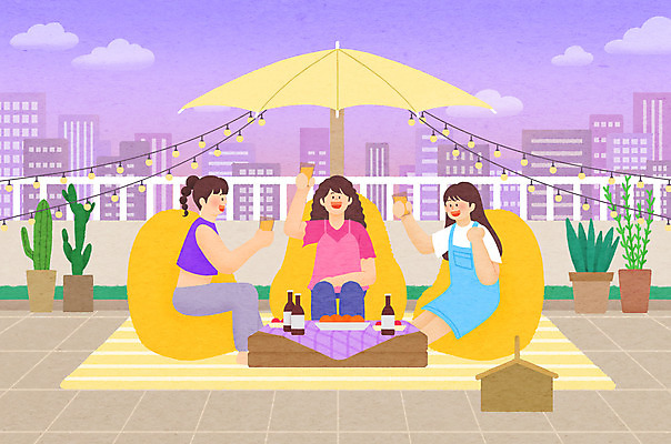 전신 PSD 여자 화분 여유 일러스트 휴가 맥주 들기 앉기 성인 건물 세명 여름 보라색 파라솔 옥상 건배 힐링 소풍바구니 조명장식 성인여자만 루프탑 스테이케이션 빈백 국내일러스트 라이프스타일 건축물 계절 감정 컬러 생활용품 모션 조명 주류 사람 장식 파티 바구니 신조어 여자만 성인만 파일형식