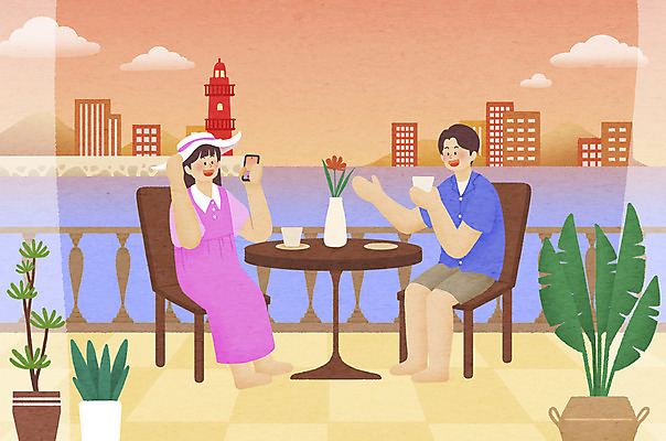 전신 PSD 커플 여자 남자 화분 여유 바다 의자 일러스트 휴가 등대 들기 앉기 성인 두명 여름 스마트폰 꽃병 카페 힐링 원형탁자 성인만 스테이케이션 국내일러스트 라이프스타일 계절 꽃 감정 가구 관계 모션 탁자 사람 핸드폰 스마트기기 상점 신조어 파일형식