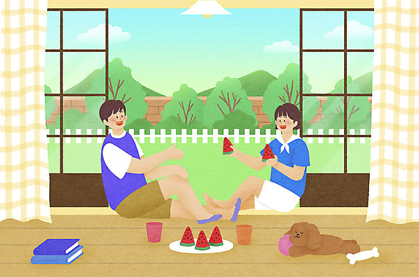 전신 PSD 한마리 여자 남자 여유 일러스트 휴가 집안 들기 앉기 성인 두명 책 여름 정원 강아지 주기 힐링 미닫이문 반려 수박조각 성인만 스테이케이션 국내일러스트 1 라이프스타일 계절 감정 조각 모션 수박 실내 사람 반려동물 개 신조어 파일형식