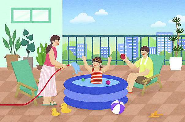 전신 PSD 여자 남자 화분 여유 어린이 의자 일러스트 난간 가족 물놀이 휴가 들기 소녀 상반신 성인 세명 여름 만세 비치볼 옥상 힐링 호스 물풀장 스테이케이션 국내일러스트 라이프스타일 계절 감정 가구 공 관계 모션 놀이 바캉스용품 사람 신조어 파일형식