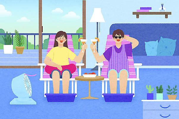 전신 PSD 커플 여자 남자 여유 거실 의자 일러스트 휴가 집안 휴식 들기 앉기 성인 두명 여름 소파 선글라스 바구니 스탠드 선풍기 서랍장 건배 칵테일잔 힐링 족욕 원형탁자 성인만 스테이케이션 국내일러스트 라이프스타일 계절 감정 안경 가구 컨셉 술잔 관계 모션 탁자 조명 실내 사람 가전제품 신조어 파일형식