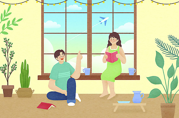 전신 PSD 커플 여자 남자 화분 여유 일러스트 창문 탁자 휴가 집안 비행기 들기 앉기 성인 두명 책 여름 독서 가리킴 힐링 전등장식 성인만 스테이케이션 국내일러스트 라이프스타일 계절 감정 가구 관계 항공교통 모션 대중교통 실내 사람 손짓 장식 신조어 파일형식