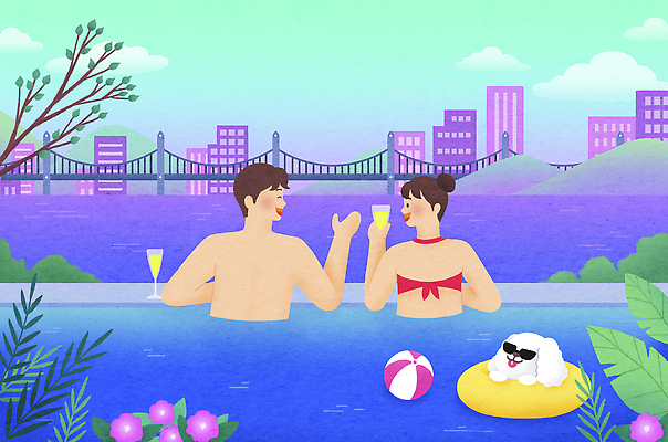 PSD 한마리 여자 남자 여유 잎 일러스트 휴가 수영장 대화 들기 상반신 성인 두명 여름 선글라스 도시 강아지 비치볼 힐링 튜브 반려 가교 성인만 스테이케이션 국내일러스트 식물 1 라이프스타일 건축물 계절 감정 안경 공 모션 바캉스용품 말하기 사람 반려동물 개 신조어 파일형식