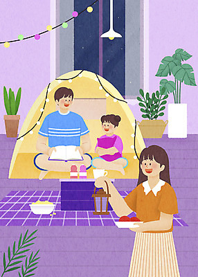 전신 PSD 여자 남자 화분 여유 어린이 거실 일러스트 창문 가족 휴가 텐트 들기 앉기 소녀 상반신 성인 책 세명 여름 바캉스 보라색 캠핑 램프 돗자리 힐링 전등장식 스테이케이션 홈캉스 캠핑박스 홈캠핑 국내일러스트 라이프스타일 계절 감정 컬러 관계 모션 레저 휴식 조명 캠핑도구 사람 장식 신조어 파일형식