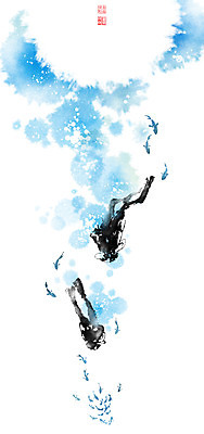 전신 PSD 일러스트 캘리그라피 붓터치 어류 성인 두명 바닷속 수영 잠수 스쿠버다이빙 번짐 낙관 잠수복 스쿠버다이버 성인만 물고기떼 국내일러스트 옷 사람 수중 수중동물 수상스포츠 파일형식 효과