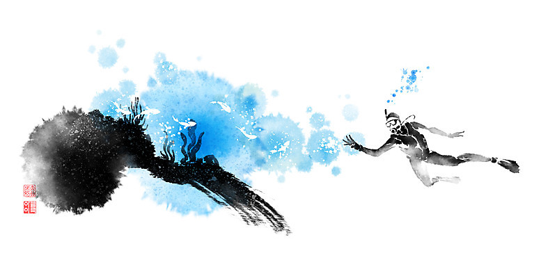 전신 PSD 일러스트 캘리그라피 붓터치 어류 한명 성인 바닷속 수영 해초 스쿠버다이빙 번짐 낙관 잠수복 스쿠버다이버 손뻗기 성인한명만 국내일러스트 1 옷 모션 사람 수중 수중동물 수상스포츠 해조류 성인만 파일형식 효과