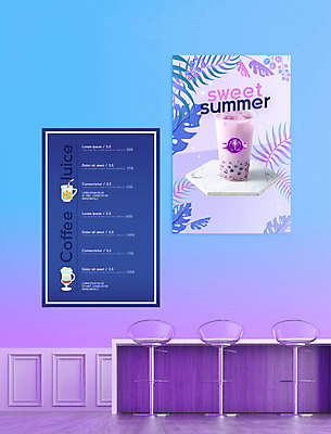 PSD 편집이미지 포스터 하늘색 의자 탁자 사람없음 여름 보라색 카페 메뉴판 야자수잎 버블티 디저트카페 이미지편집 계절 음료 컬러 가구 잎 파란색 상점 파일형식