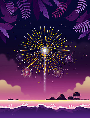 PSD 바다 섬 백그라운드 야경 일러스트 나뭇잎 불꽃놀이 해변 사람없음 보라색 휴양지 수상가옥 감성 열대잎 국내일러스트 컬러 컨셉 잎 놀이 주택 장소 야간 파일형식 풍경_경치