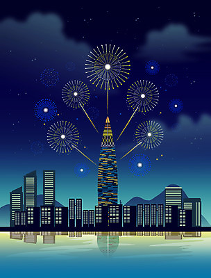 PSD 구름 백그라운드 야경 일러스트 산 불꽃놀이 빌딩 사람없음 강 탑 도시 남색 감성 랜드마크 국내일러스트 자연요소 건축물 컬러 컨셉 놀이 건물 야간 파일형식 풍경_경치