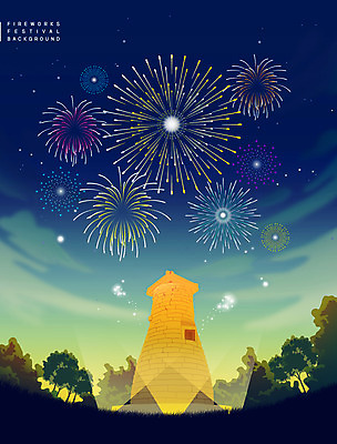 PSD 나무 백그라운드 야경 일러스트 조명 불꽃놀이 사람없음 파란색 감성 첨성대 랜드마크 국내일러스트 식물 컬러 컨셉 놀이 경주_경상북도 야간 국보 파일형식 풍경_경치