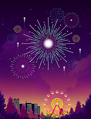 PSD 나무 백그라운드 야경 일러스트 불꽃놀이 빌딩 사람없음 보라색 놀이공원 대관람차 감성 국내일러스트 식물 컬러 컨셉 놀이 건물 테마파크 놀이기구 야간 파일형식 풍경_경치