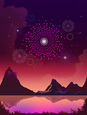 PSD 호수 백그라운드 야경 일러스트 산 불꽃놀이 사람없음 보라색 감성 국내일러스트 컬러 컨셉 놀이 야간 파일형식 풍경_경치