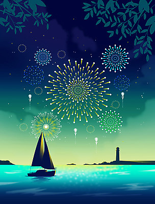 PSD 백그라운드 요트 야경 일러스트 나뭇잎 등대 불꽃놀이 해변 사람없음 청록색 감성 국내일러스트 바다 컬러 컨셉 잎 배_교통 놀이 야간 파일형식 풍경_경치