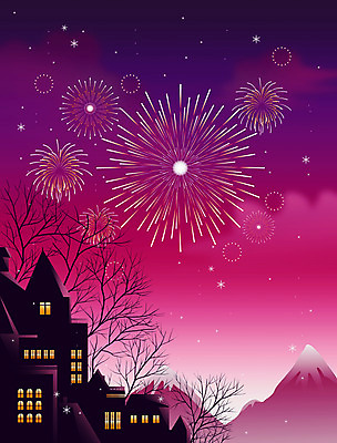 PSD 나무 구름 분홍색 백그라운드 야경 일러스트 산 불꽃놀이 사람없음 건물 마을 눈 감성 국내일러스트 자연요소 식물 건축물 컬러 컨셉 놀이 날씨 야간 파일형식 풍경_경치