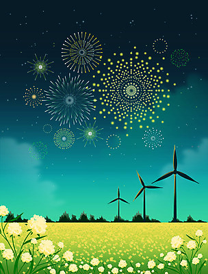 PSD 실루엣 별 백그라운드 꽃밭 야경 일러스트 불꽃놀이 초원 사람없음 노란색 풍차 풍력에너지 청록색 감성 국내일러스트 자연요소 꽃 컬러 컨셉 놀이 촬영기법 그린에너지 야간 파일형식 풍경_경치