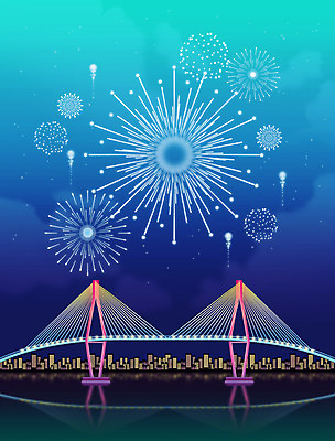 PSD 백그라운드 야경 일러스트 불꽃놀이 빌딩 사람없음 파란색 감성 랜드마크 부산대교 국내일러스트 컬러 컨셉 놀이 건물 다리_건축물 야간 부산 파일형식 풍경_경치