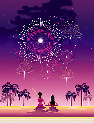 PSD 구름 여자 수영복 분홍색 백그라운드 야경 일러스트 수영장 불꽃놀이 상반신 성인 두명 야자수 손들기 힐링 감성 성인여자만 국내일러스트 자연요소 나무 옷 컬러 컨셉 모션 놀이 사람 야간 여자만 성인만 파일형식 풍경_경치