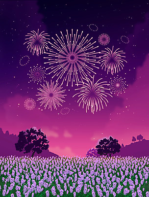 PSD 나무 구름 별 백그라운드 꽃밭 야경 일러스트 불꽃놀이 사람없음 보라색 감성 국내일러스트 자연요소 식물 꽃 컬러 컨셉 놀이 야간 파일형식 풍경_경치