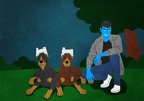 전신 PSD 나무 공원 남자 두마리 일러스트 한명 성인 폭력 수술 강아지 무릎꿇기 동물학대 붕대 구타 성인남자한명만 도베르만핀셔 국내일러스트 식물 1 공공시설 2 의학 모션 사람 치료 반려동물 개 학대 사회이슈 폭행 남자한명만 성인남자만 파일형식 핀셔