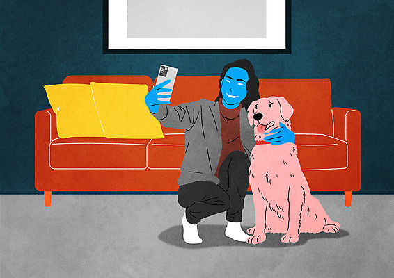 전신 PSD 여자 액자 일러스트 한명 들기 앉기 성인 스마트폰 소파 리트리버 강아지 무릎꿇기 셀프카메라 동물학대 염색 성인여자한명만 국내일러스트 1 의자 모션 사람 핸드폰 스마트기기 반려동물 사진촬영 개 학대 여자한명만 성인여자만 파일형식