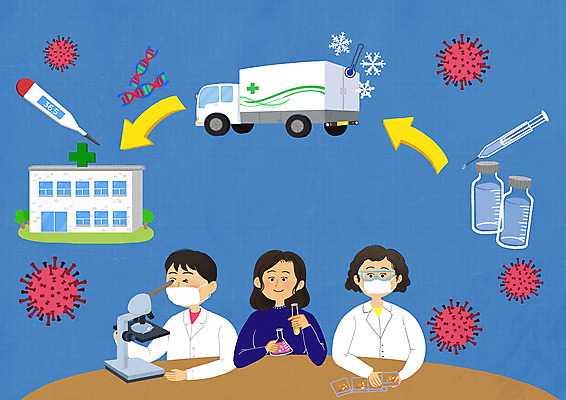 PSD 여자 남자 화살표 일러스트 병원 현미경 주사기 마스크 들기 상반신 성인 세명 파란색 트럭 연구실 DNA 연구원 플라스크 보안경 성인만 코로나바이러스 바이알 백신개발 델타변이바이러스 국내일러스트 직업 컬러 의학 의료기기 모션 자동차 실험기구 사람 의료용품 바이러스 생명공학 안전장비 개발 백신 파일형식